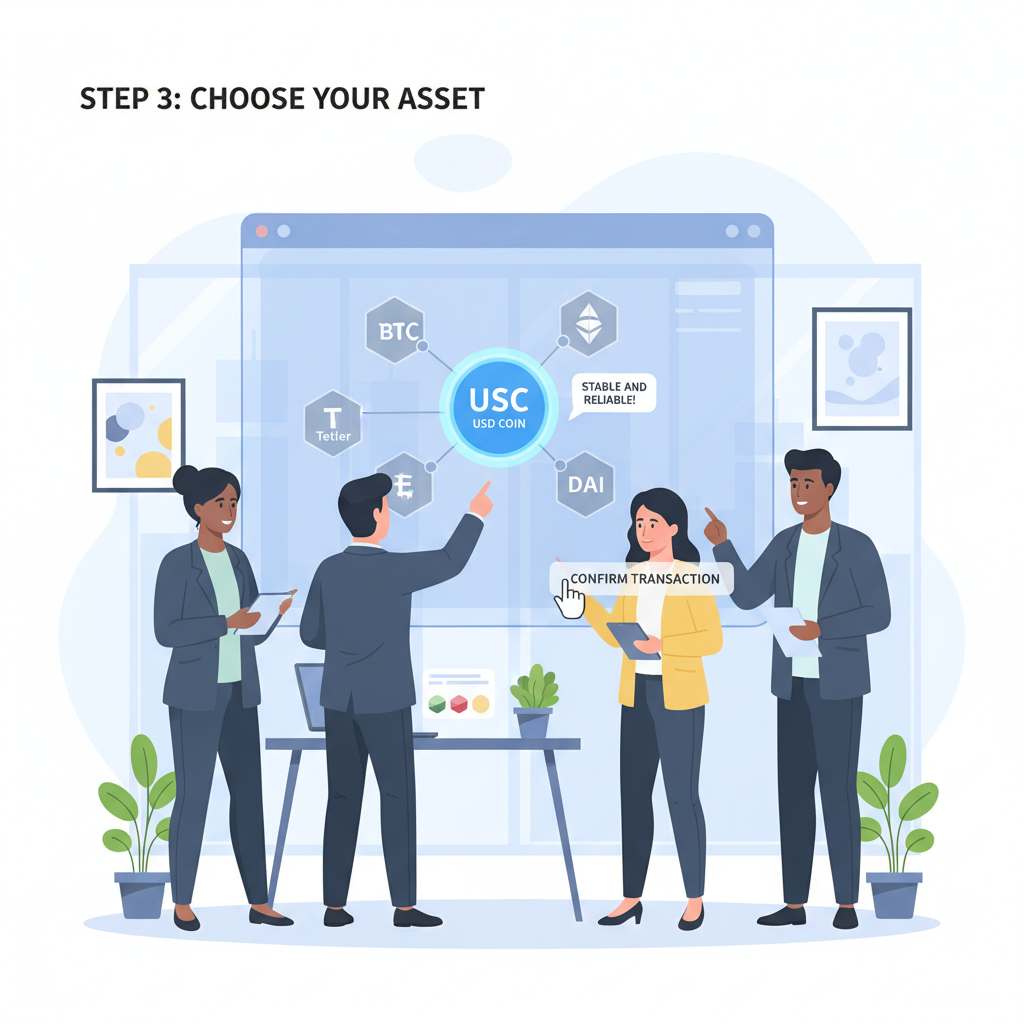 business team selecting USDC stablecoin on blockchain dashboard, professional office setting