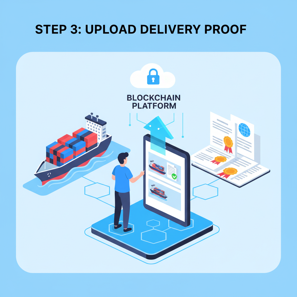 seller uploading delivery proof to blockchain platform, cargo ship and documents