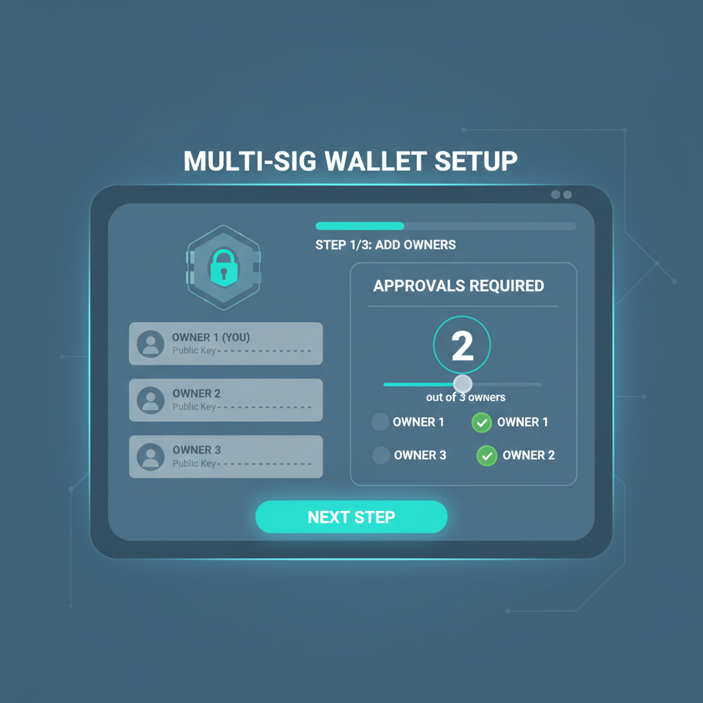 multi-signature wallet setup interface on screen with keys and approvals, secure digital vault aesthetic