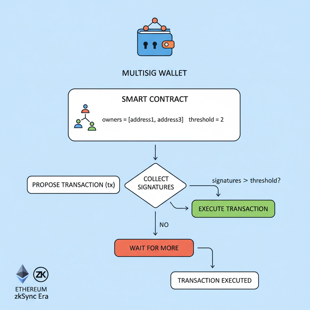 Smart contract diagram showing owners array and threshold variable, multisig wallet icons, Ethereum zkSync Era logo, minimalist flowchart