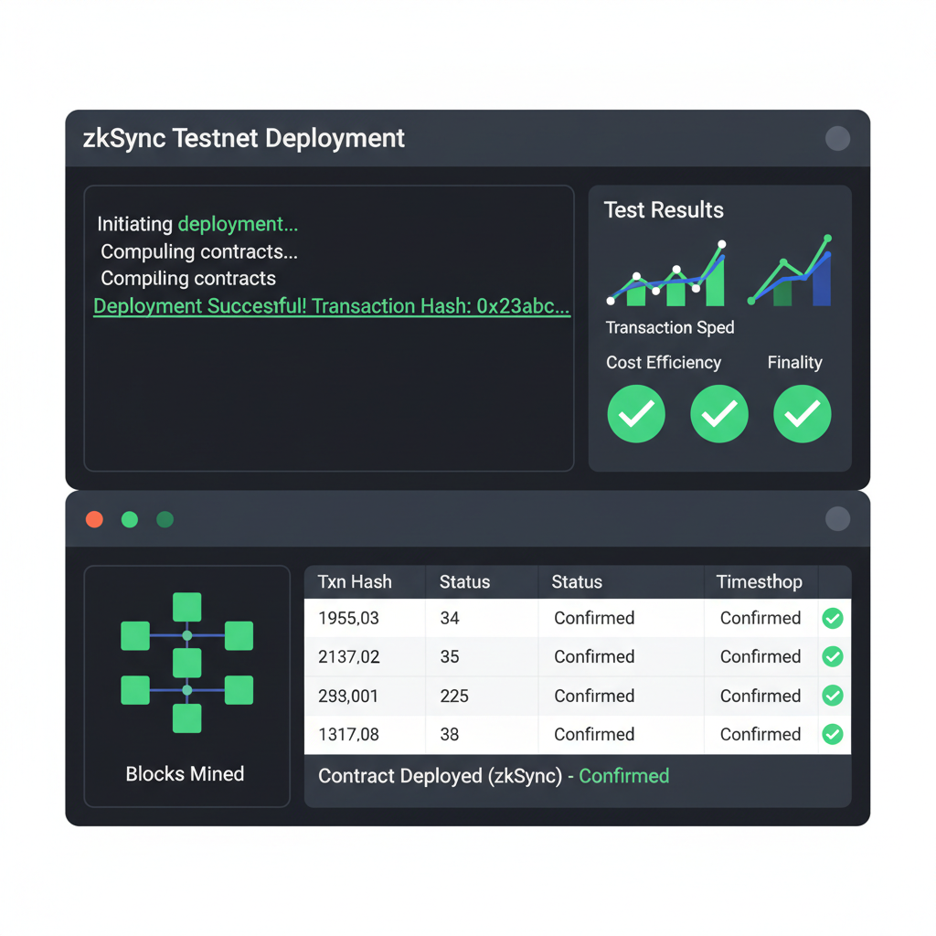 Deployment terminal screenshot with zkSync testnet success, graphs of test results, testnet blockchain explorer view, green checkmarks
