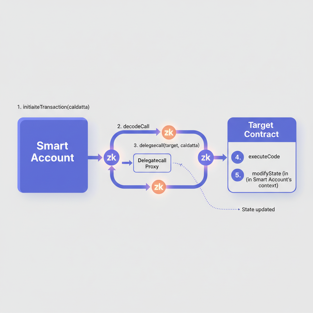 Delegatecall execution flow diagram, arrows from smart account to target contract, zkSync Era symbols, glowing transaction path