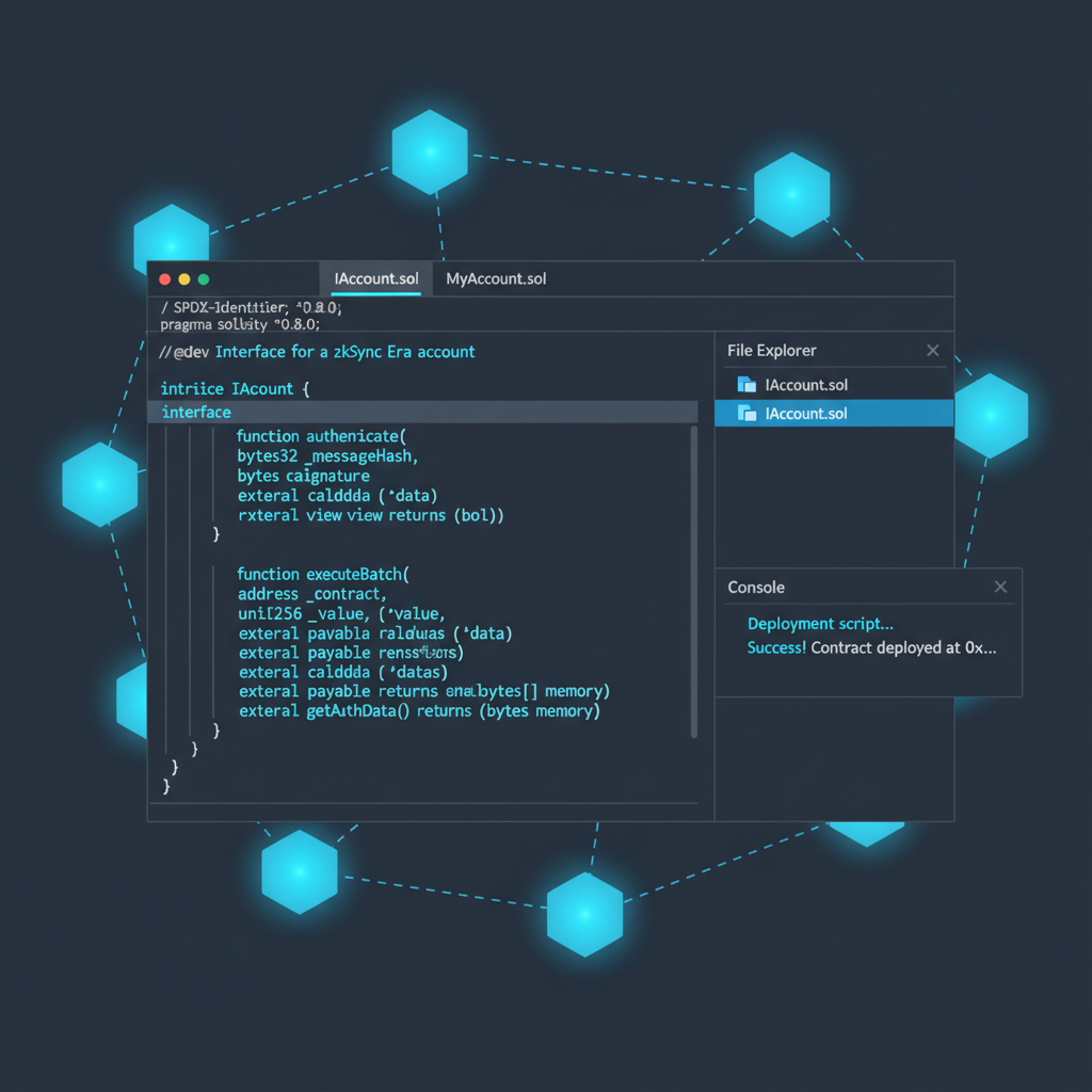 Solidity code snippet implementing IAccount interface for zkSync Era, clean code editor, neon blue highlights, blockchain nodes background