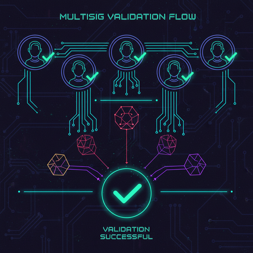 Code visualization of signature validation in multisig, cryptographic signatures glowing, checkmarks on owner avatars, dark cyberpunk theme