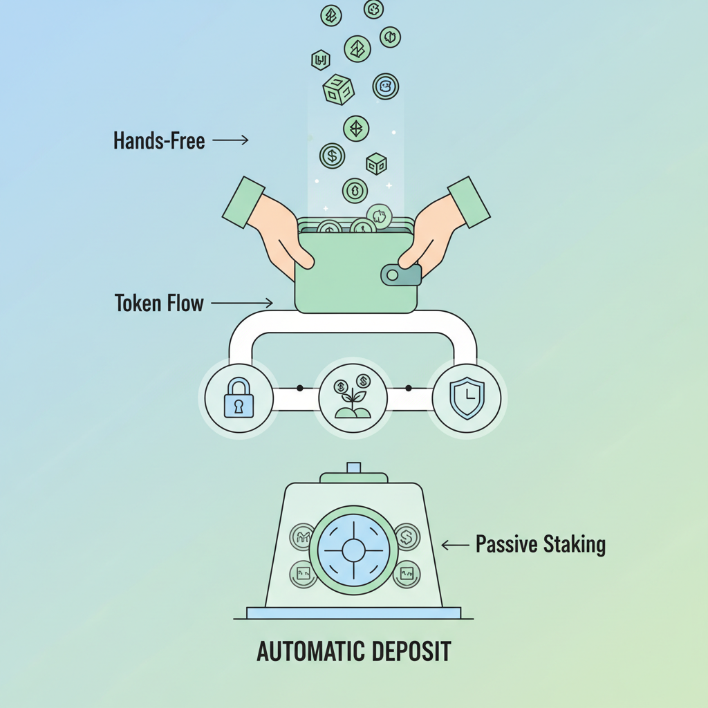 automatic token deposit illustration, hands-free wallet filling, passive staking icons, seamless flow