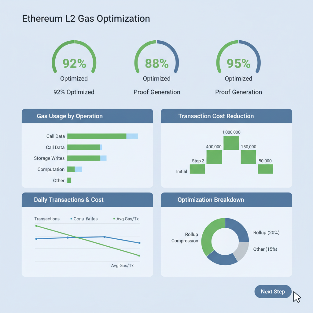 Ethereum L2 gas optimization dashboard with charts, green optimization indicators