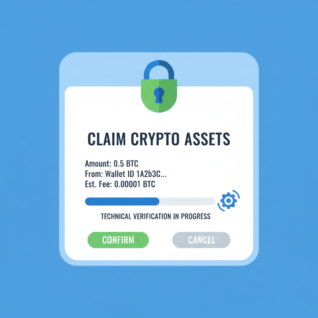 confirmation dialog box with crypto claim details, secure lock icon, technical verification screen