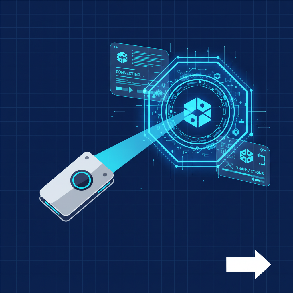 futuristic wallet connecting to glowing blockchain portal, blue neon interface, technical diagram