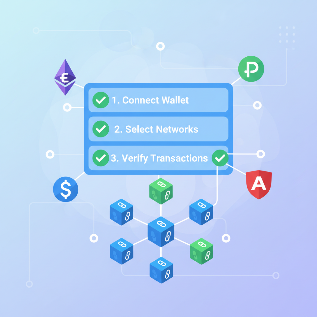 multi-chain network verification interface with checkmarks, interconnected blockchain nodes