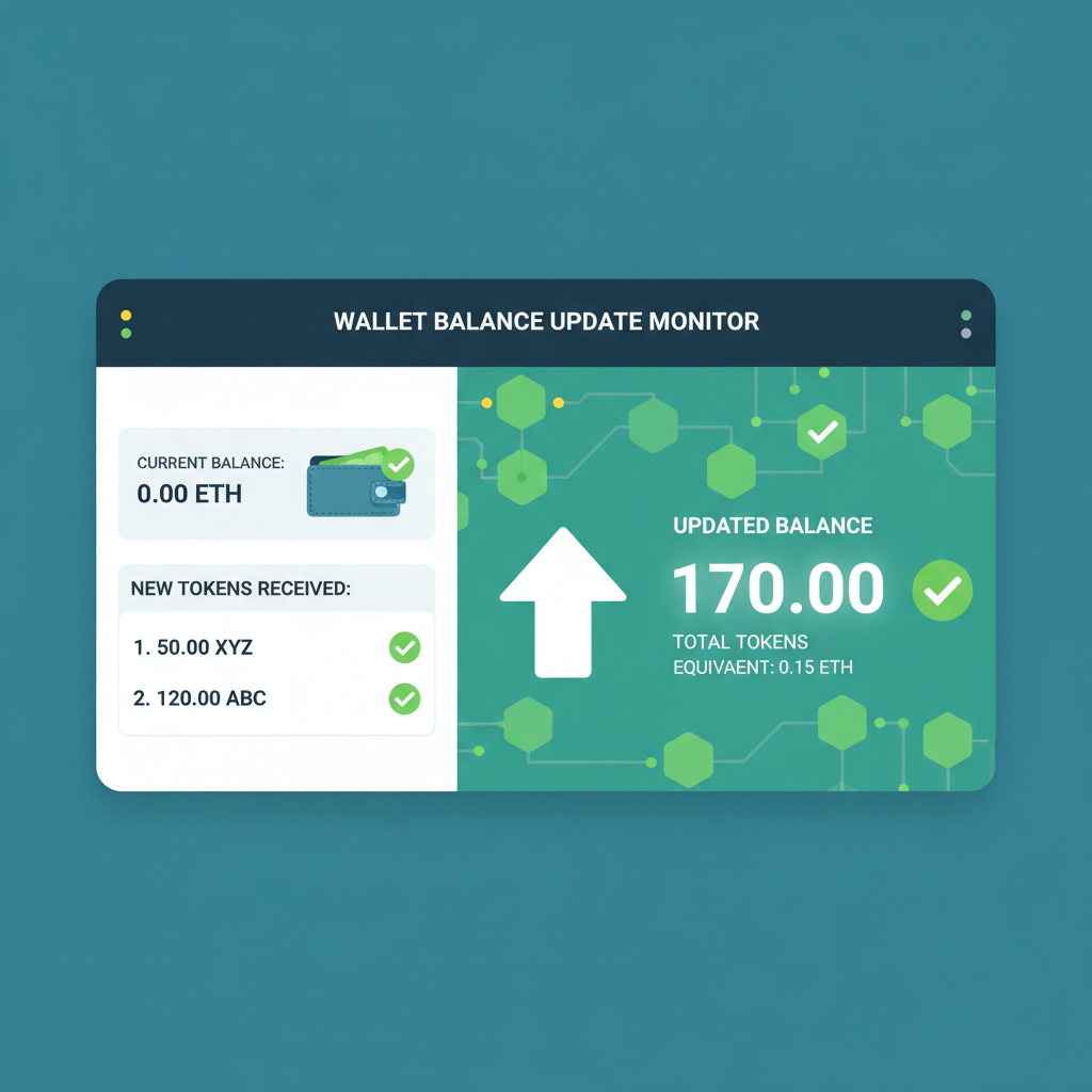 wallet balance updating with new tokens, monitoring dashboard, green checkmarks, blockchain view