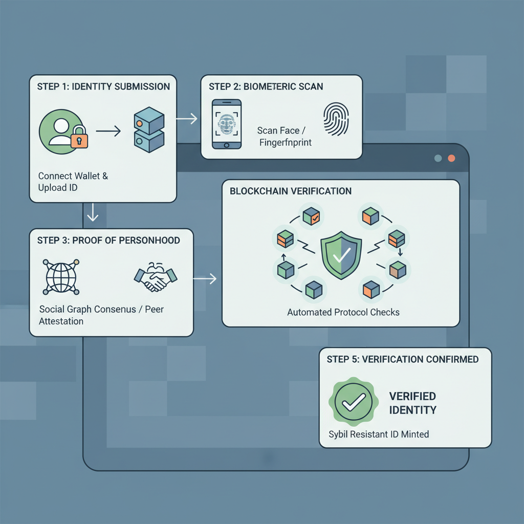 sybil resistance verification process on blockchain UI, identity checks and confirmations