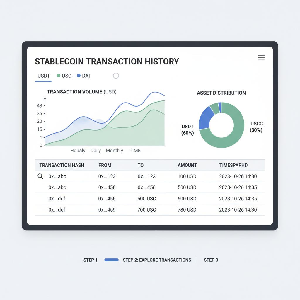 blockchain explorer interface displaying stablecoin transaction history, charts and data tables
