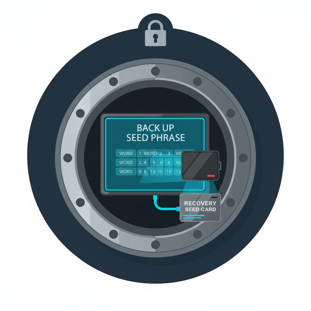 secure hardware wallet backing up seed phrase, metallic vault, dark secure aesthetic
