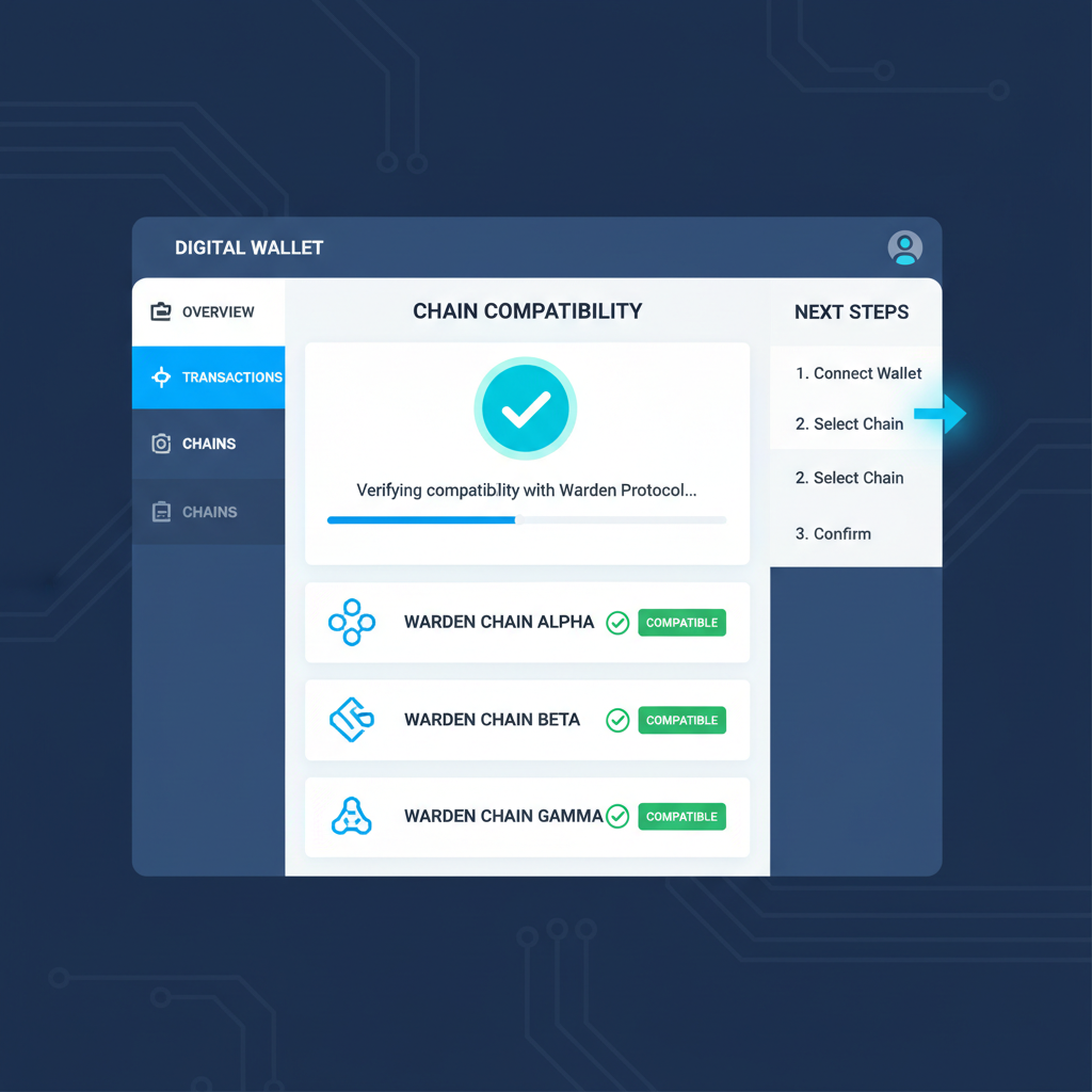 digital wallet dashboard verifying compatibility with Warden Protocol chains, technical UI, blue tones