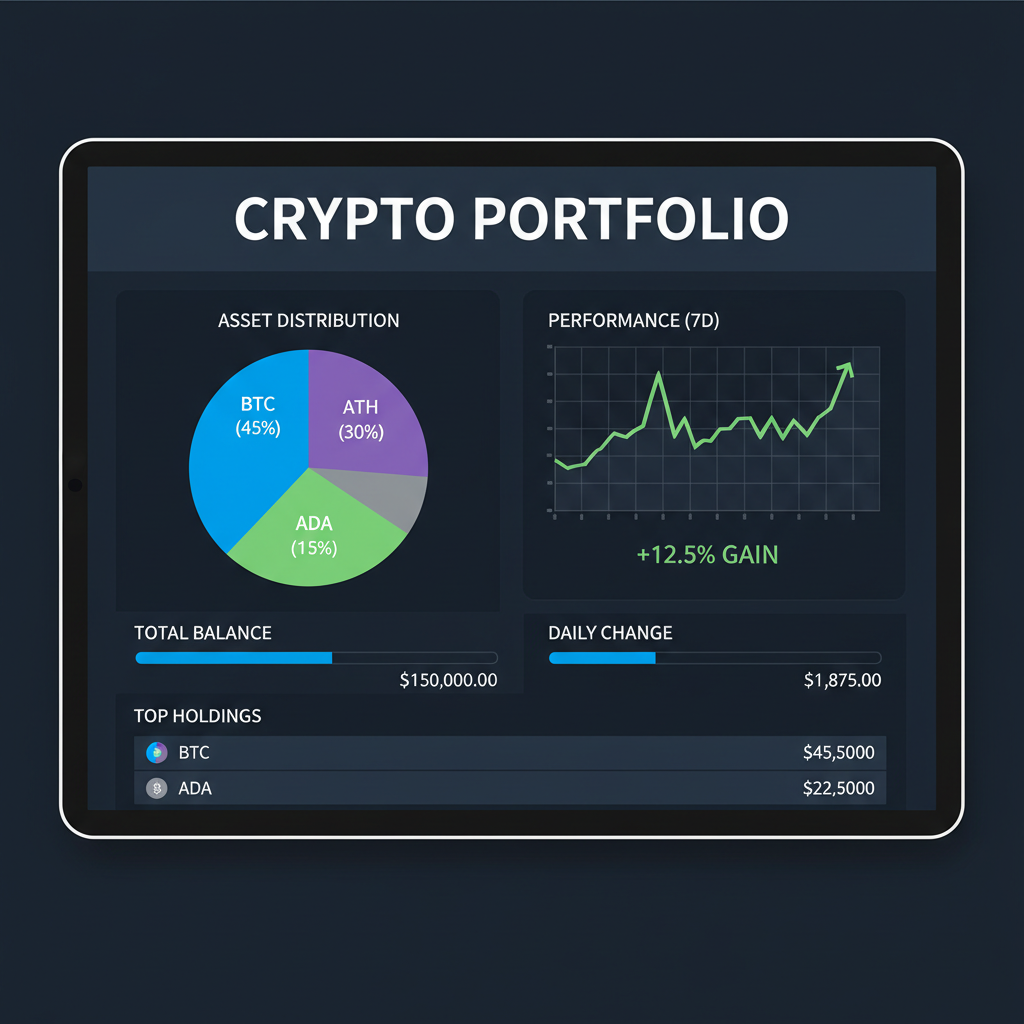 dashboard screen showing crypto allocation snapshot, charts and numbers, dark mode technical UI