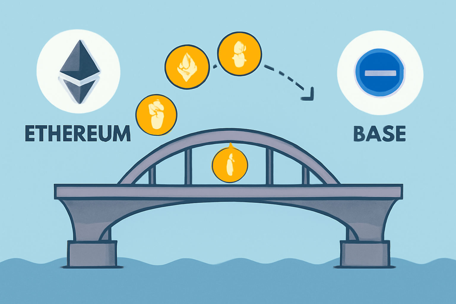 A digital bridge connecting Ethereum and Base blockchains with tokens moving across