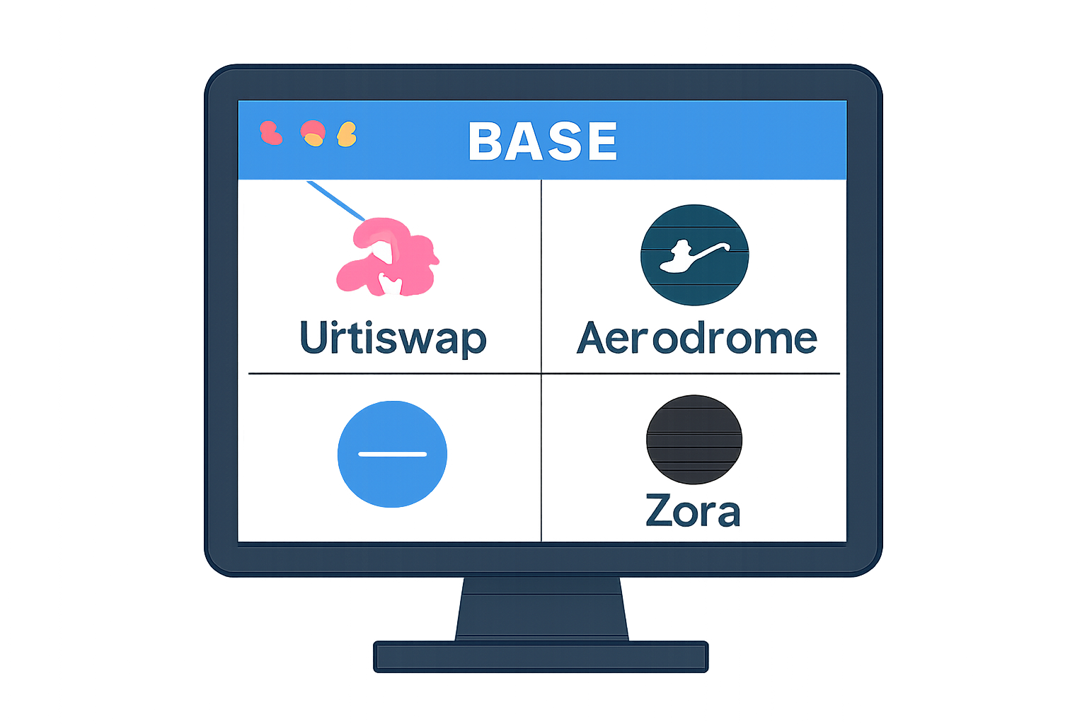 A computer screen displaying various dApp logos like Uniswap, Aerodrome, and Zora on the Base network