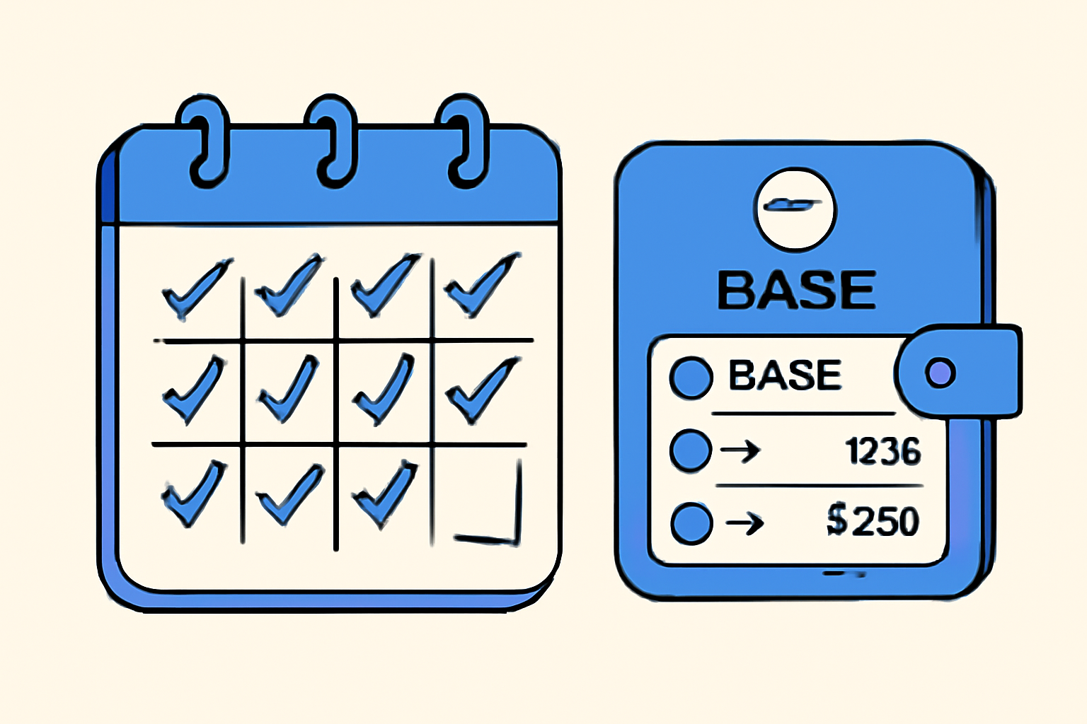 A calendar with recurring checkmarks and a crypto wallet showing Base network transactions