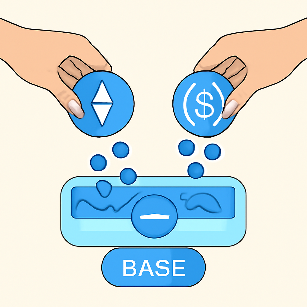 Hands pouring ETH and USDC coins into a digital liquidity pool on the Base network