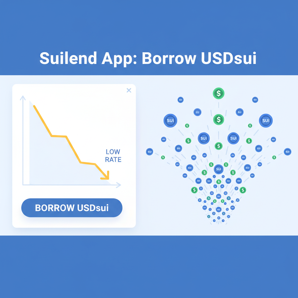 borrowing USDsui stablecoin on Suilend app, low rate graph plunging down, explosive stablecoin flow animation