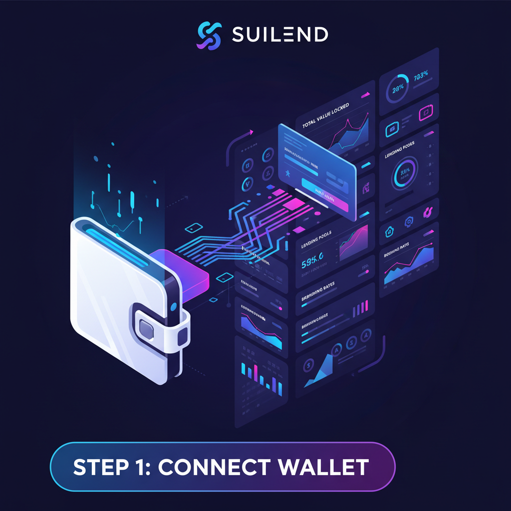 futuristic Sui wallet connecting to vibrant Suilend DeFi dashboard, neon blues and purples, dynamic high-tech UI