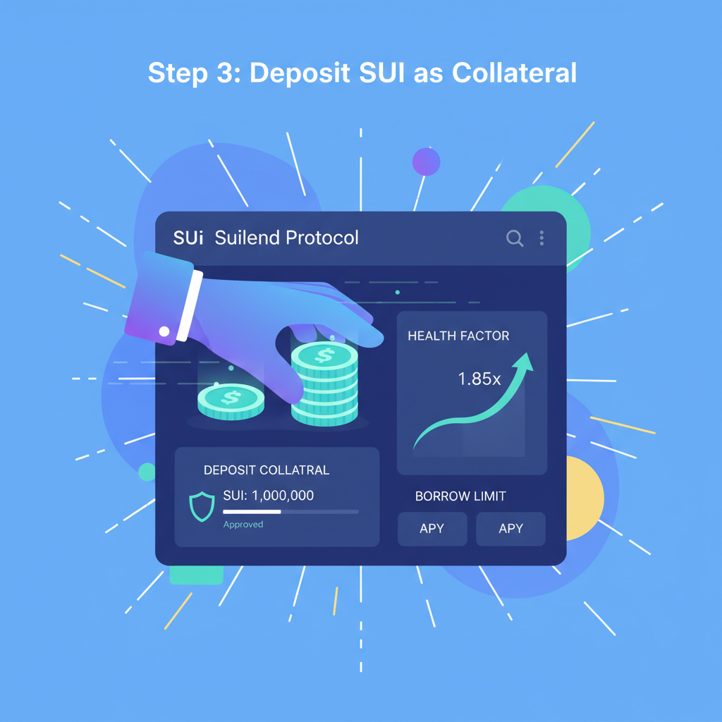 depositing glowing SUI coins as collateral into Suilend interface, rising health factor chart, energetic crypto visuals