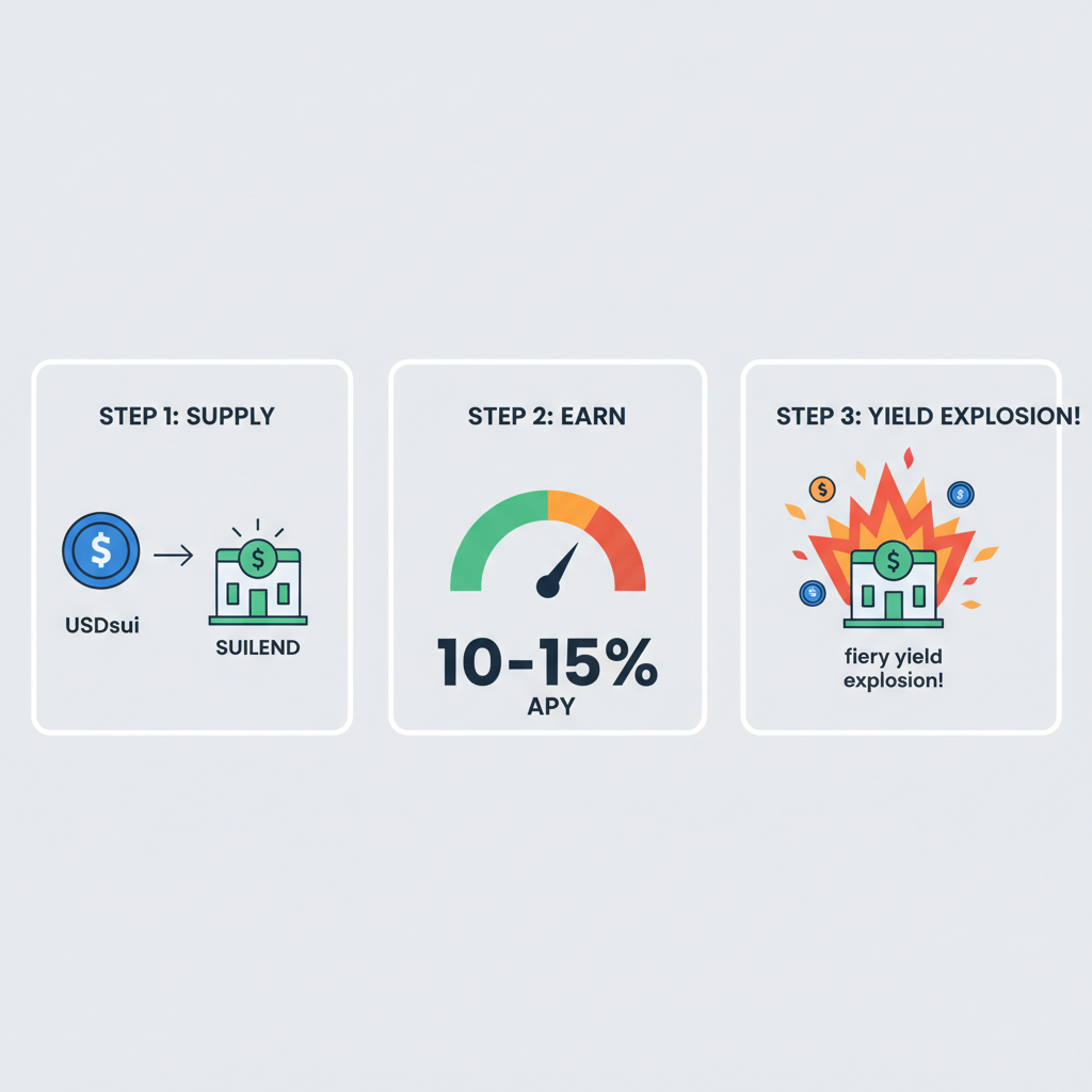 supplying USDsui into Suilend lending market, APY gauge hitting 10-15%, fiery yield explosion graphics