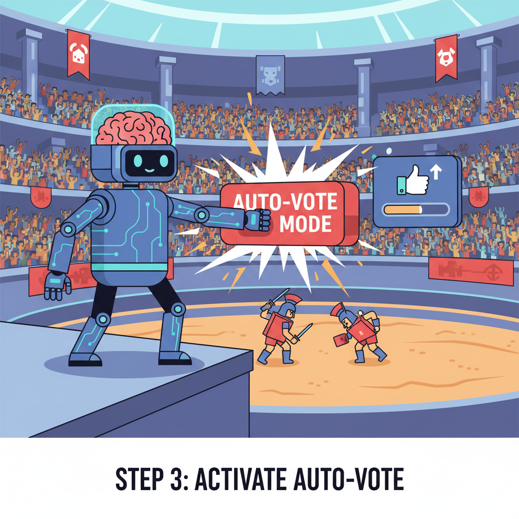 AI agent flipping switch to auto-vote mode in gladiatorial arena, sparks and action lines