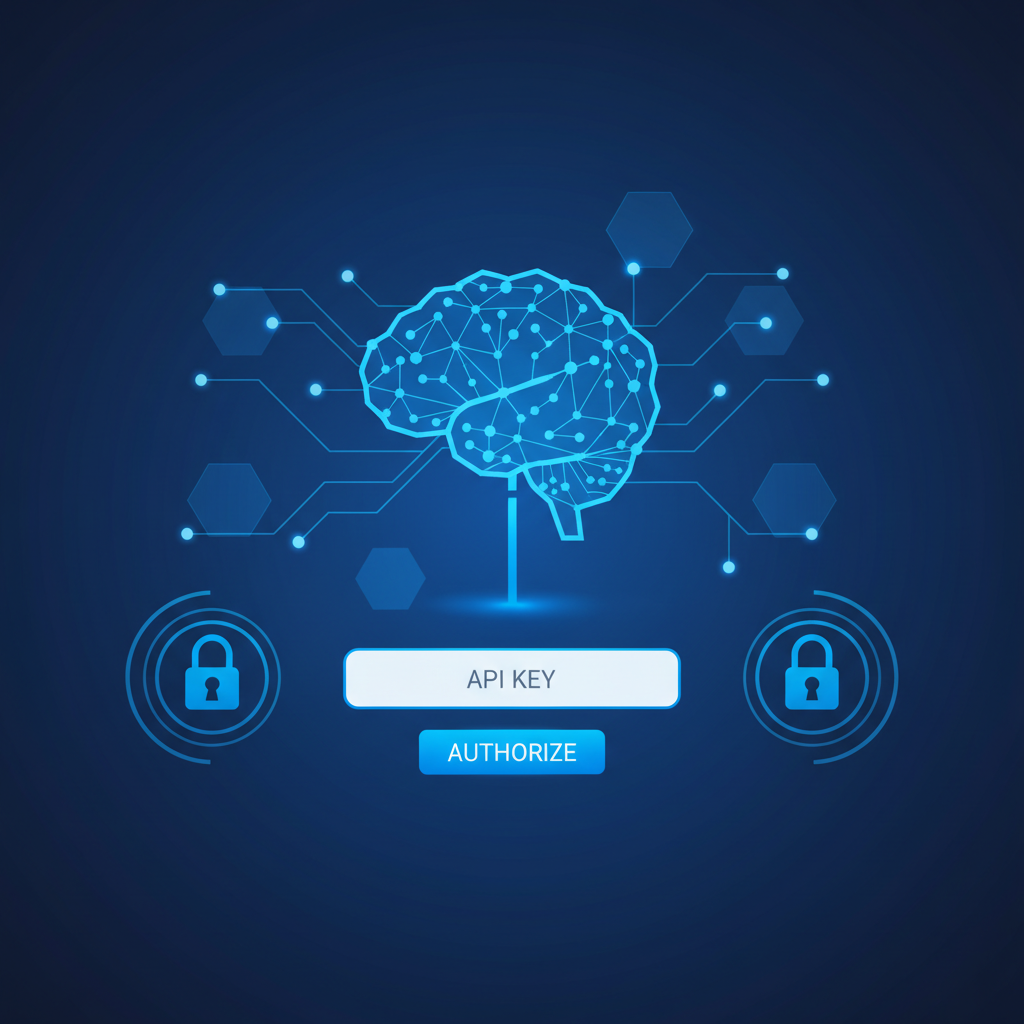 API key authorization interface with AI brains connecting, secure lock icons, blue tech glow