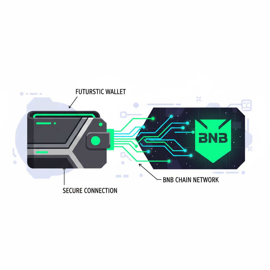 futuristic wallet connecting to glowing BNB Chain network, neon green hues, cyberpunk style