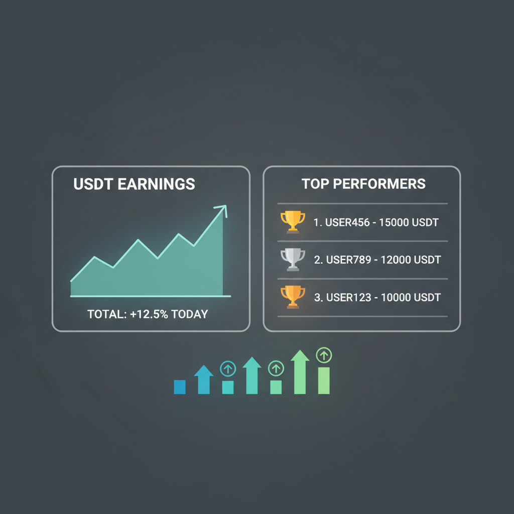dashboard showing USDT earnings graph and leaderboard, rising charts, trophy icons