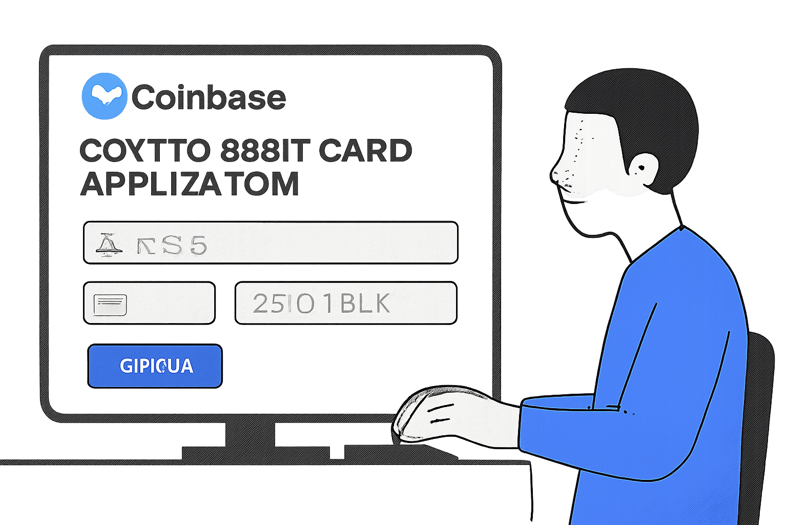 A digital application form for a sleek crypto debit card, Coinbase logo, user entering information on a computer