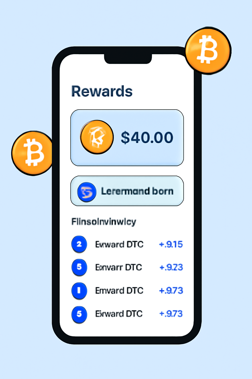 A mobile phone displaying a Coinbase rewards dashboard, bitcoin icons, transaction list, clear interface