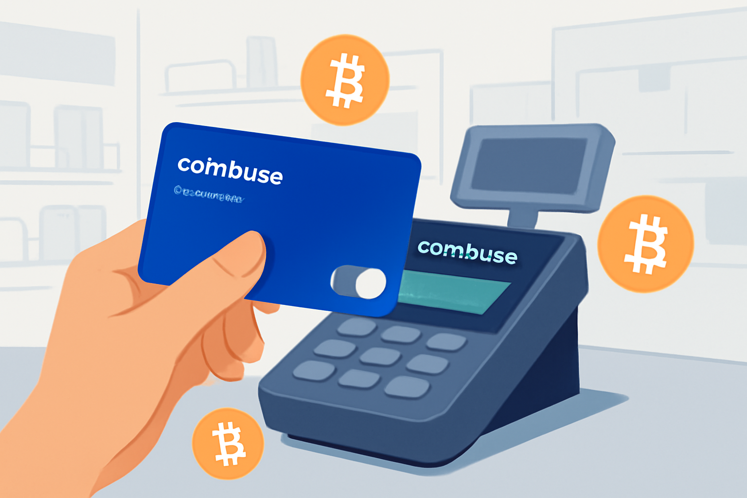 A hand holding a Coinbase One Card at a retail checkout, bitcoin symbols floating around, modern store background
