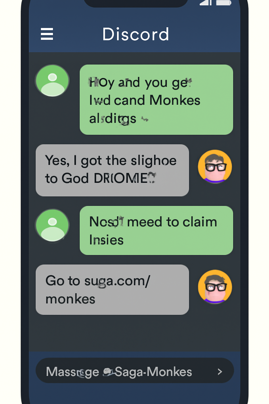 Mobile Discord interface chatting about Saga Monkes airdrop