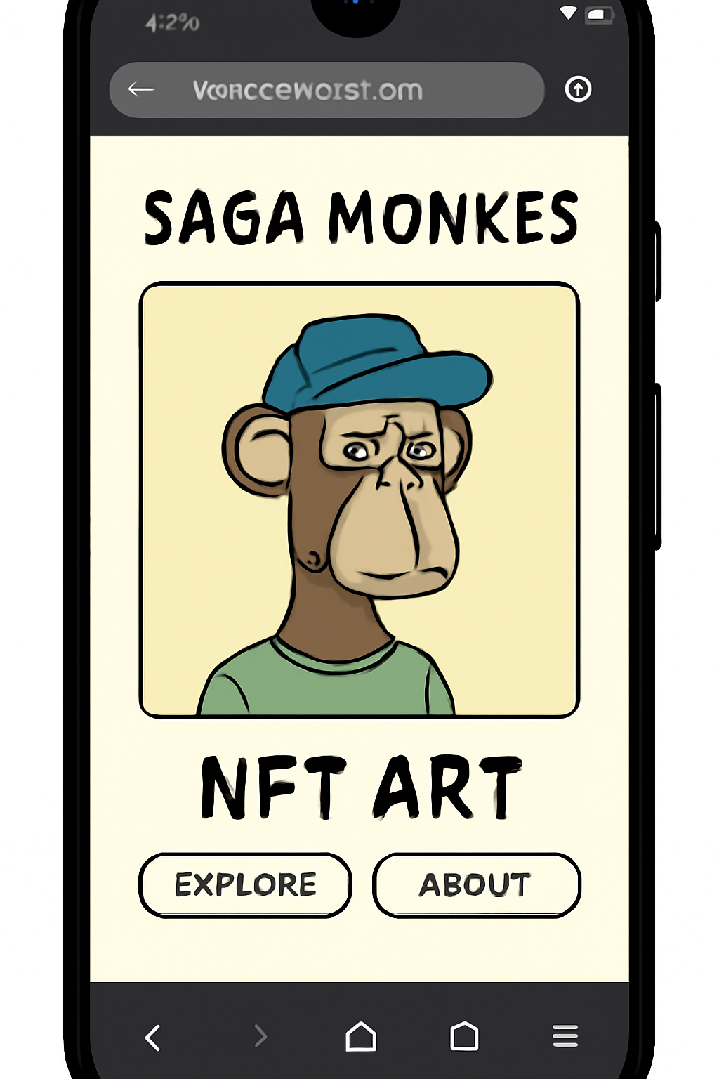 Saga phone browser displaying sagamonkes.com homepage with NFT art