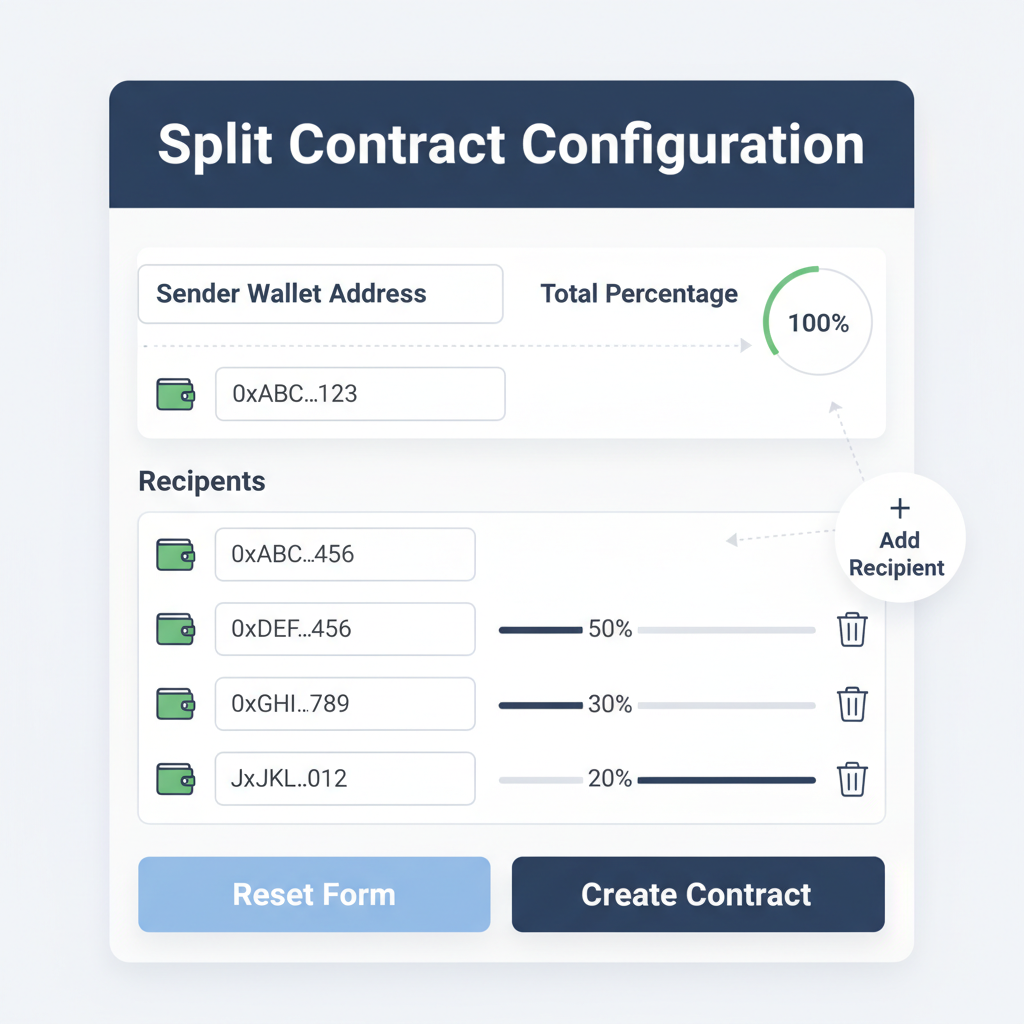 split contract config form, wallet addresses and percentage sliders, recipients list, intuitive UI