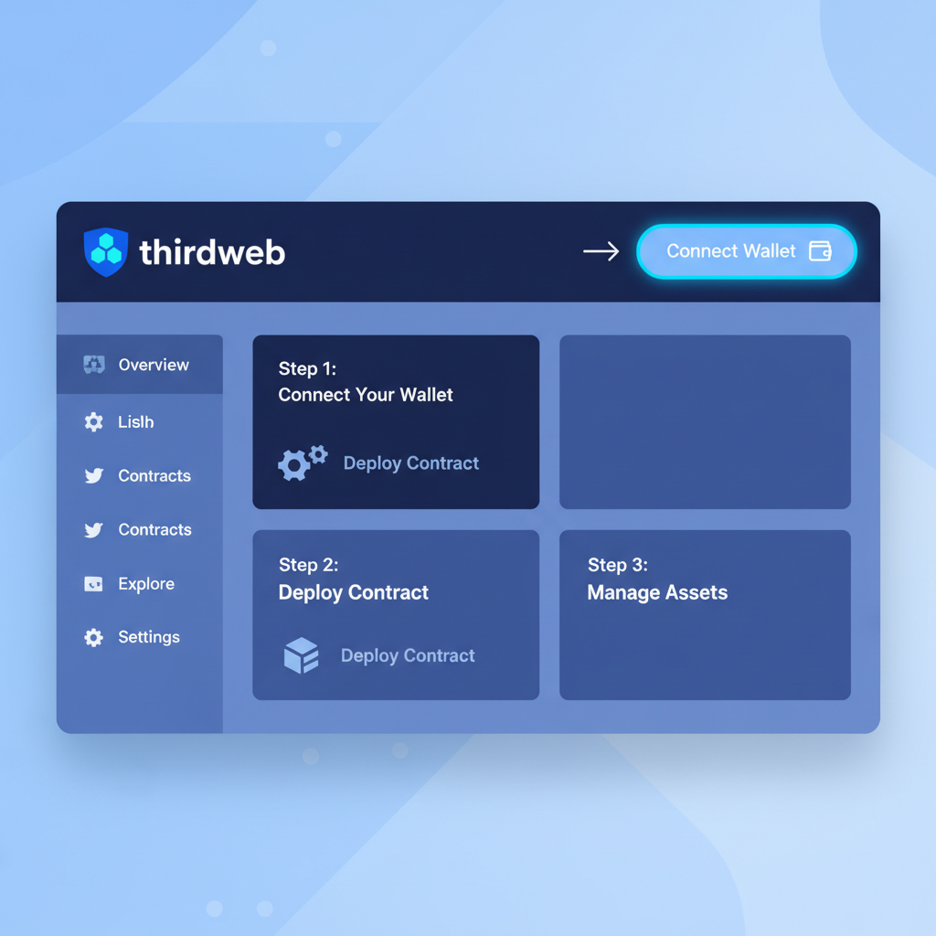 sleek web dashboard interface, thirdweb logo prominent, wallet connect button highlighted, modern UI, blue tones