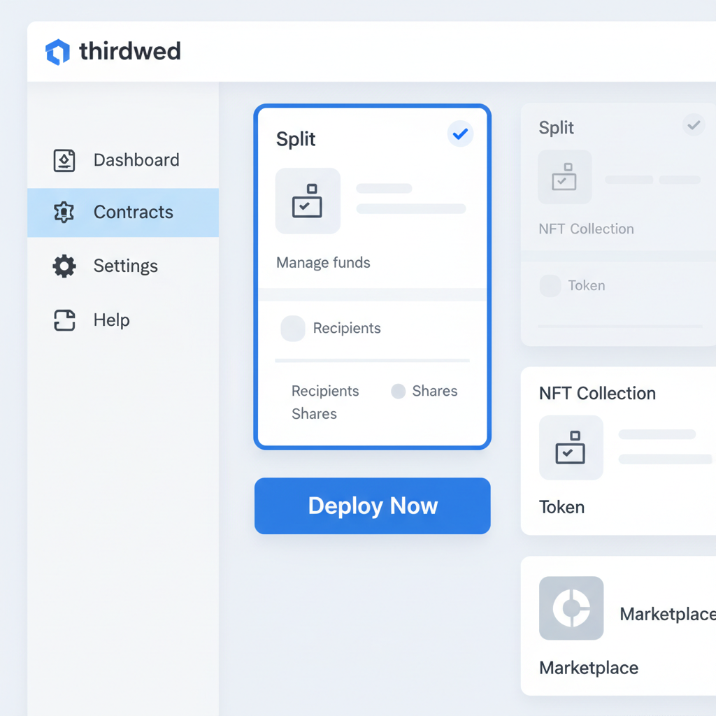 thirdweb dashboard contracts page, split contract card selected, clean interface, deploy button ready