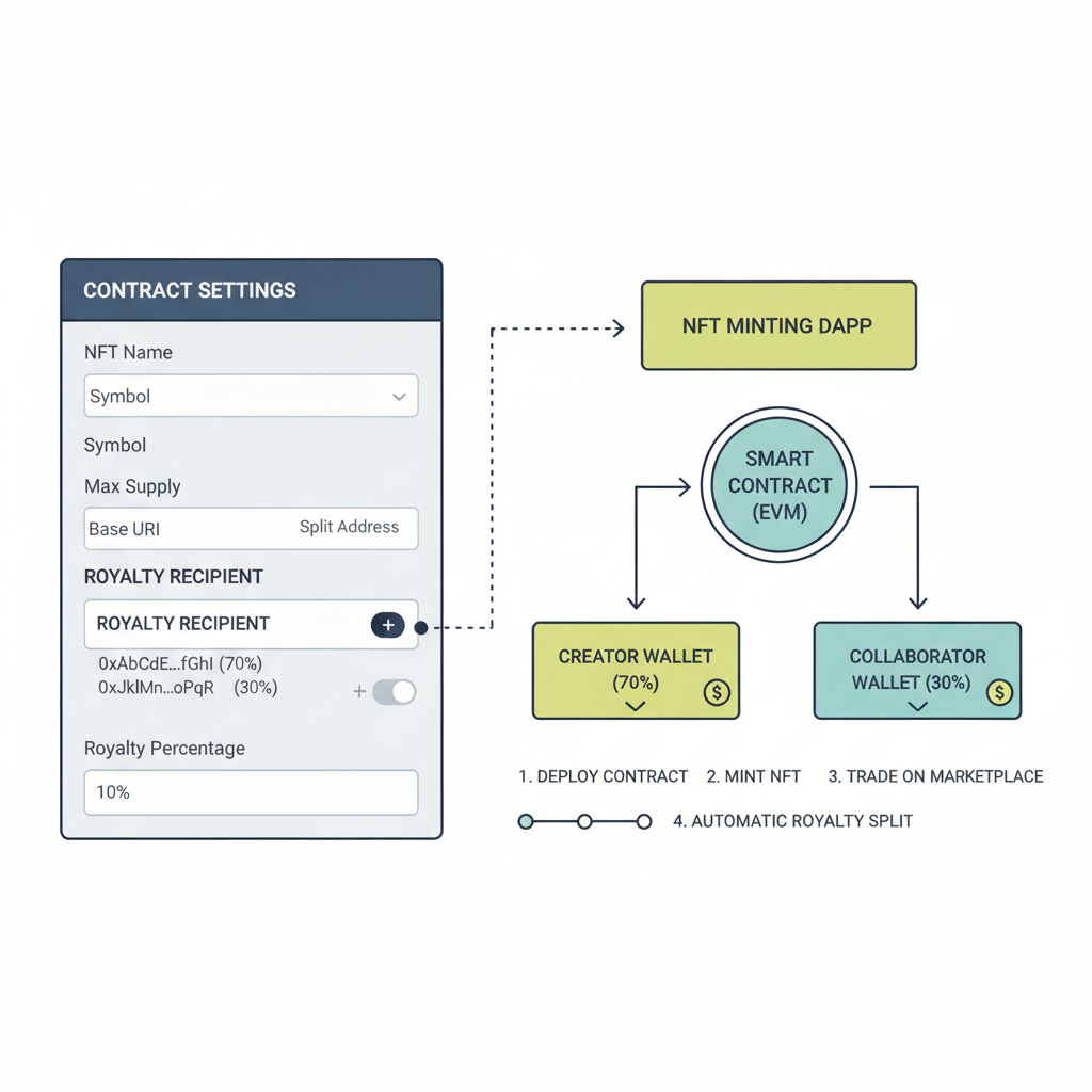 NFT contract editor, royalty recipient field filled with split address, integration diagram