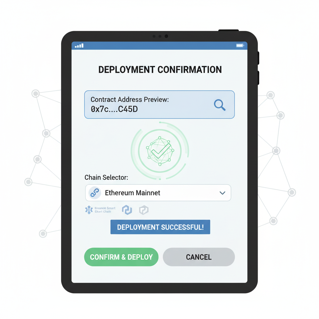 deployment confirmation screen, contract address preview, chain selector, success animation
