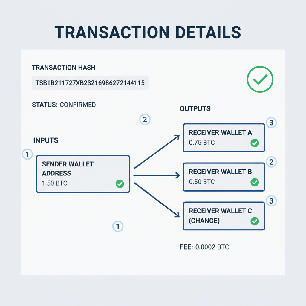 block explorer transaction details, split distribution arrows to wallets, green checkmarks