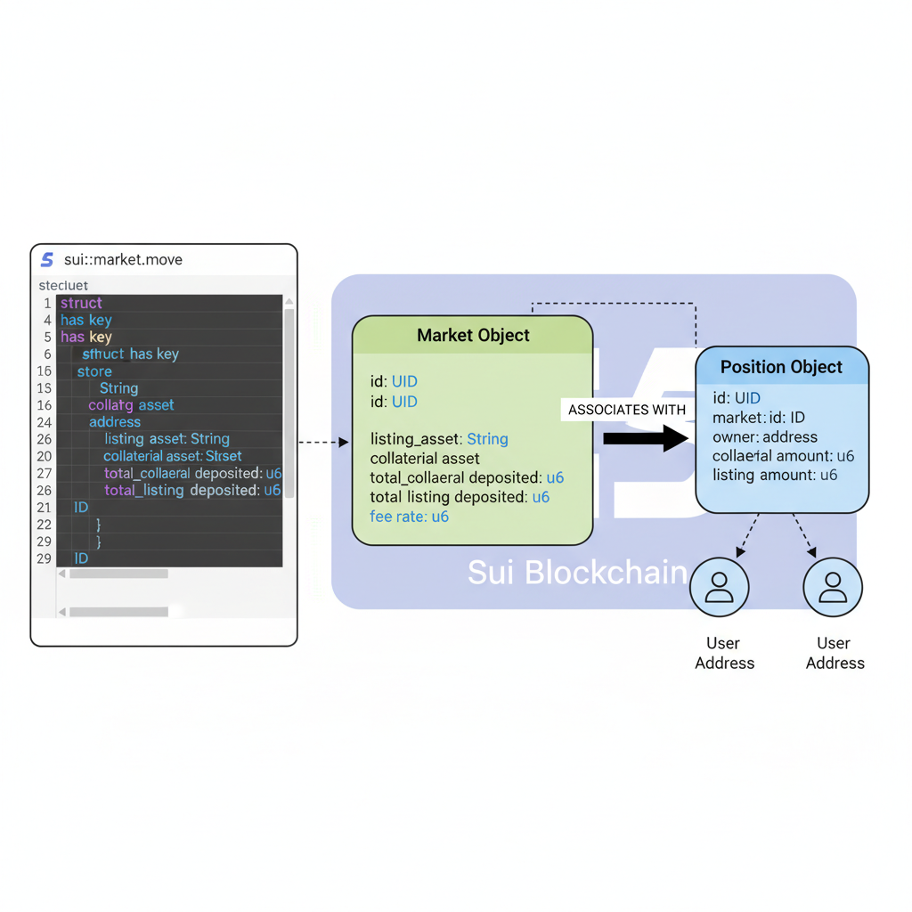 Sui Move code defining Market and Position structs, clean syntax-highlighted code, object-centric blockchain diagram