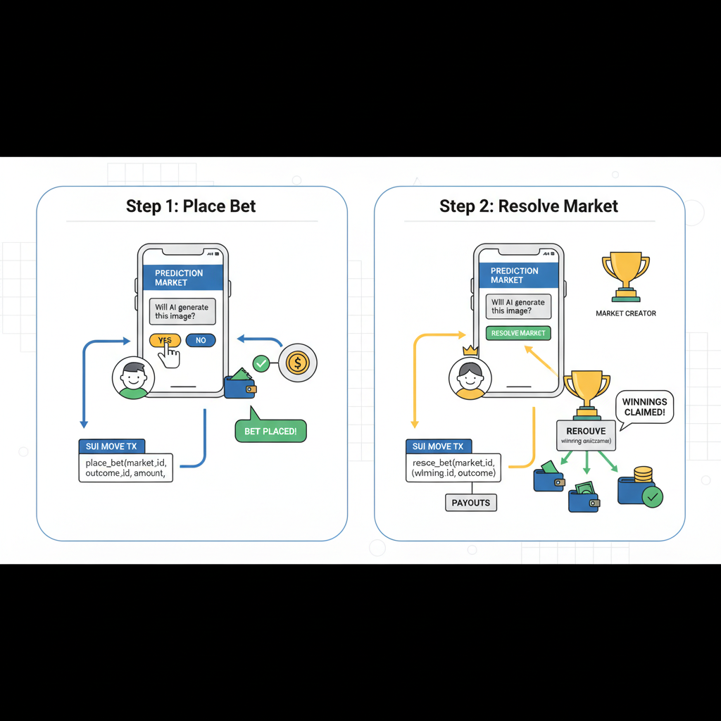Sui Move place_bet and resolve_market functions, betting interface diagram, resolution flowchart