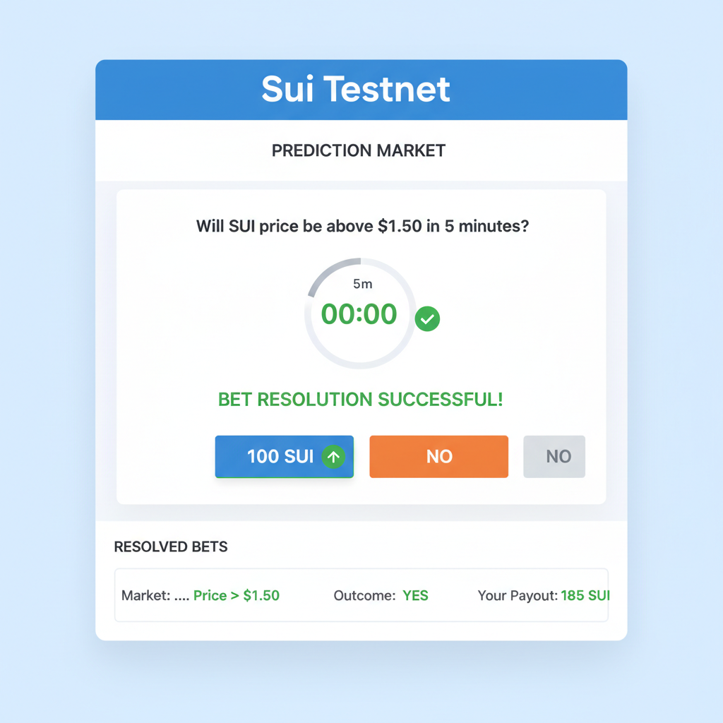 Sui Testnet dashboard testing prediction market, 5-min timer, successful bet resolution screenshot