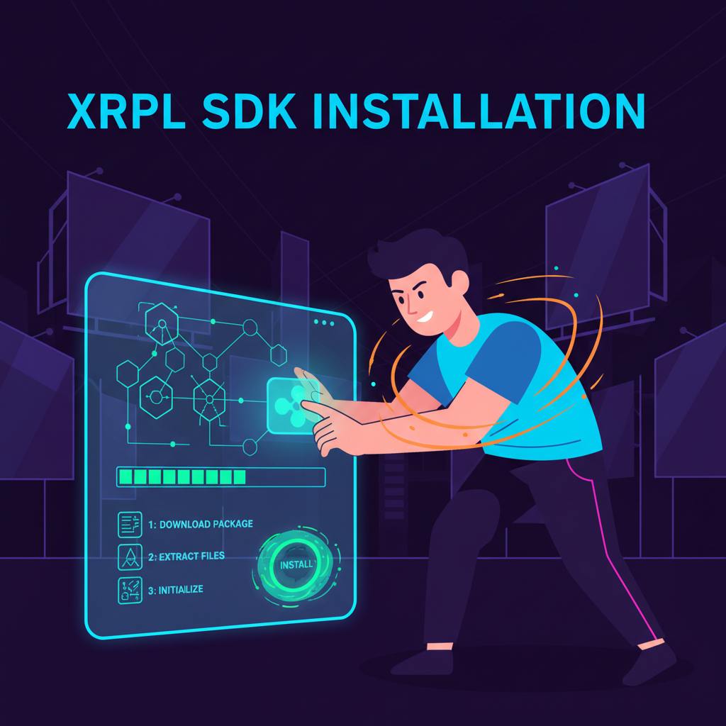 Developer aggressively installing XRPL SDK on futuristic blockchain dashboard, neon cyberpunk style
