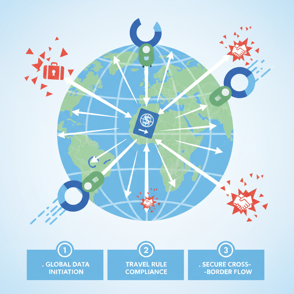 Blockchain hooks connecting data flows across borders, Travel Rule icons exploding, dynamic action style