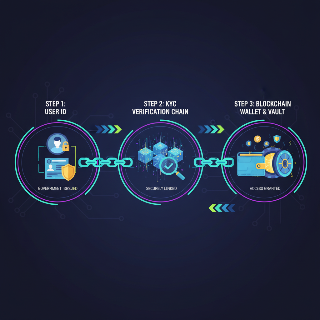 KYC verification chain linking user ID to blockchain wallet, secure vault opening, high-tech aggressive visuals