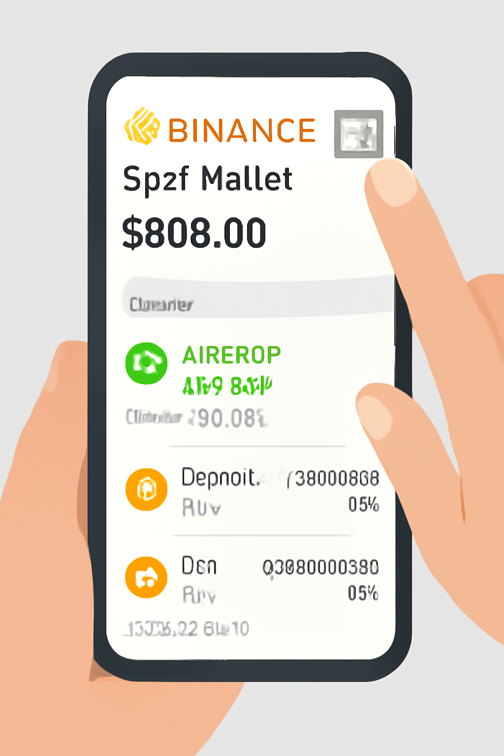 A Binance Spot Wallet displaying newly credited airdrop tokens, transaction details visible, user taking a screenshot on their device, clear wallet interface