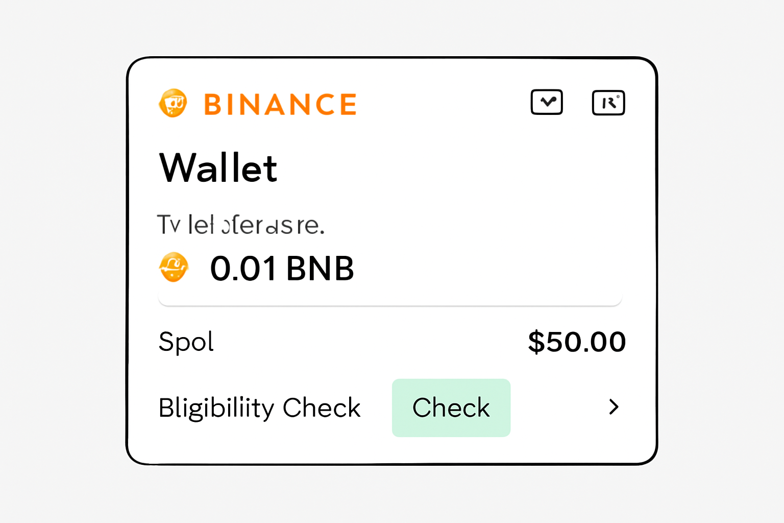 A Binance wallet showing a balance of at least 0.01 BNB and a spot trading summary with $50+ traded, eligibility check highlighted, clear UI, digital wallet interface